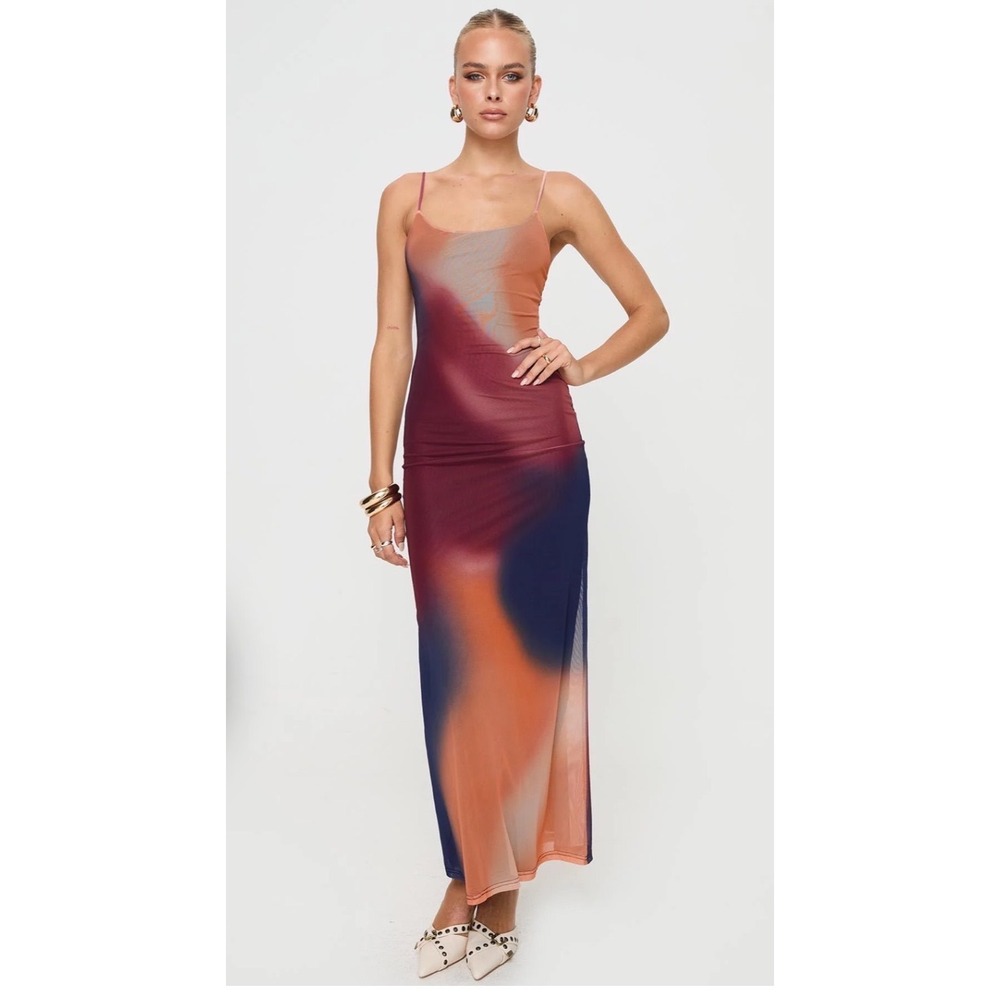 Princess Polly Sunset Ombre Mesh Maxi Dress Orange Navy Burgundy US 10 NWT